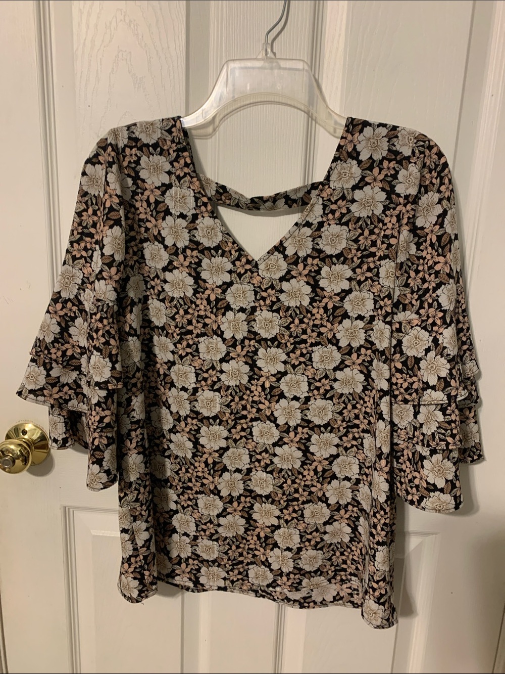 Roz & Ali Black Floral V-Neck Ruffled Bell Sleeve Blouse